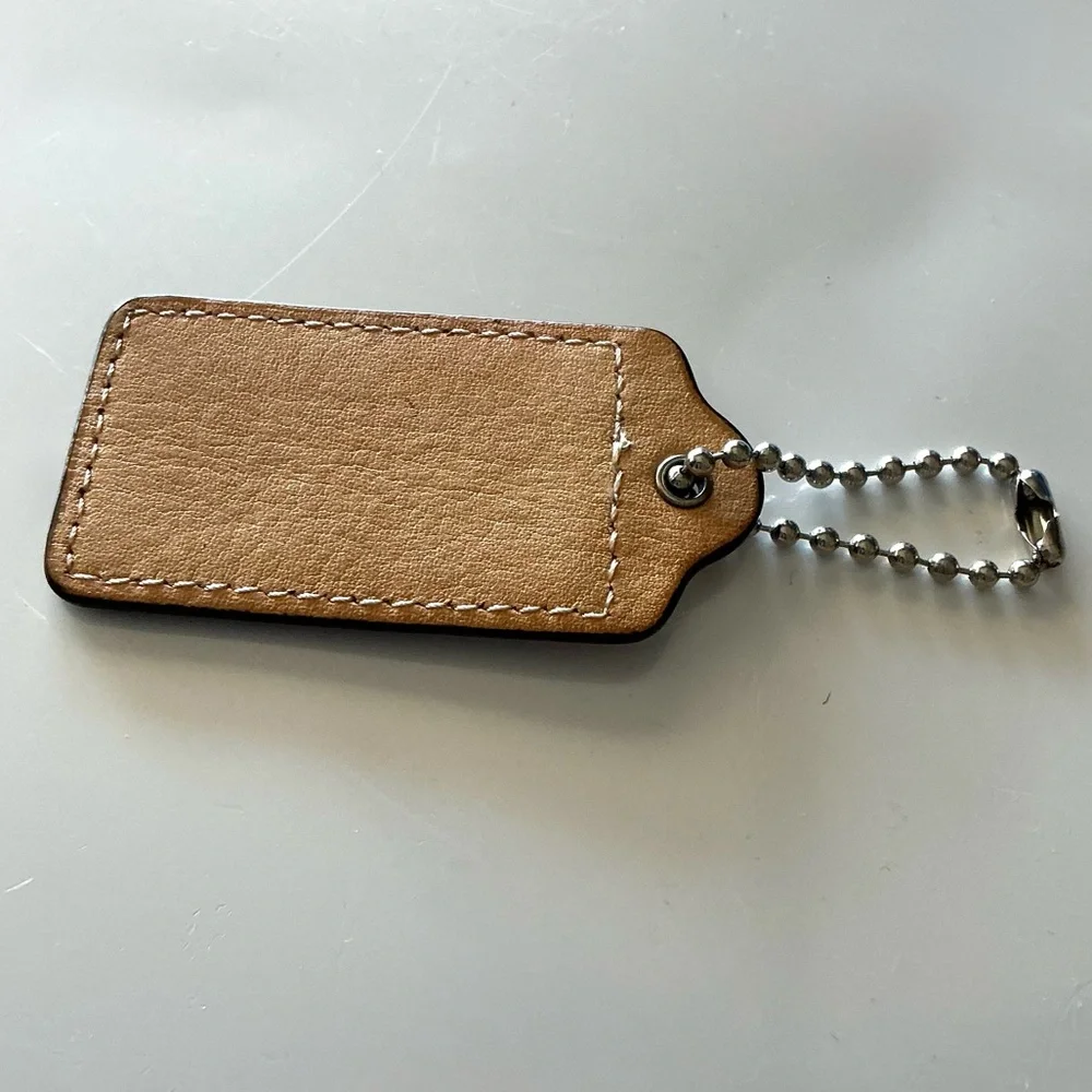 COACH, Silver Stamped Tan Brown Genuine Leather Hang Tag Fob w/Bead Chain, Large